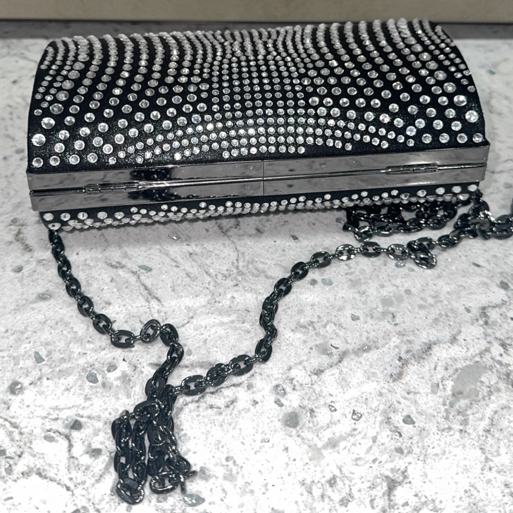 I.N.C Embellished Black Rhinestone Crystal Purse Clutch Gunmetal Dressy Bag NEW - Picture 5 of 9
